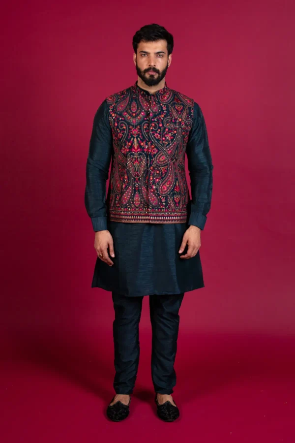 Men's luxury printed waistcoat with raw silk suit - MULTI, 46