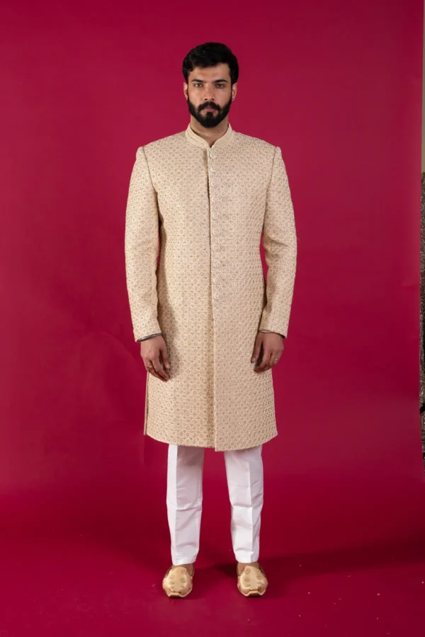 Men's embroidered sherwani with trouser - Beige, 42