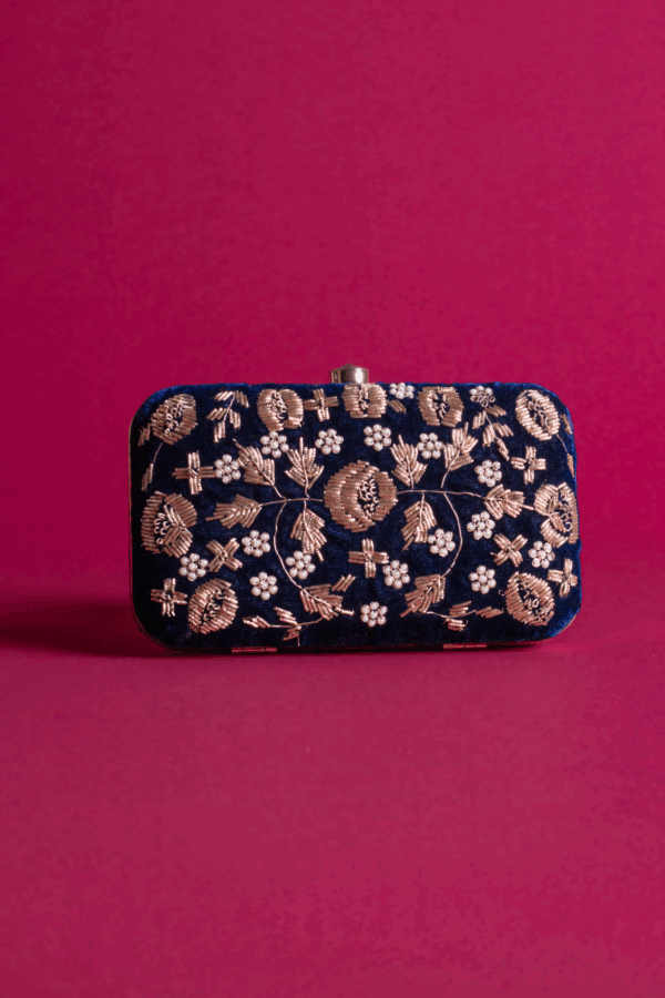 Customised velvet embroidered clutch - Navy, FS