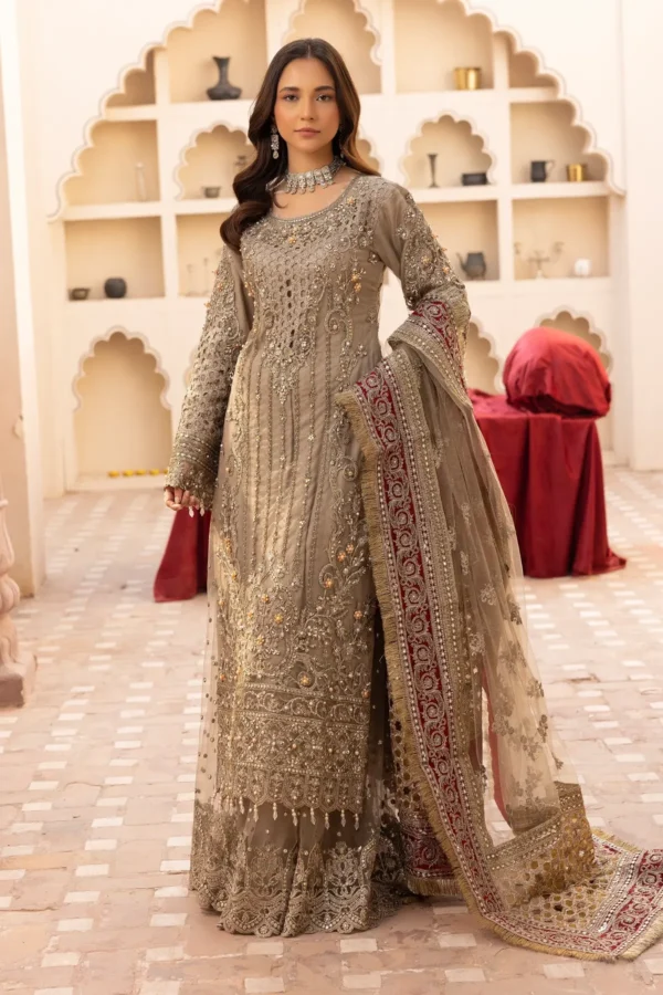 Premium luxe 3 piece Imrozia sharara collection - Khakhi, Small