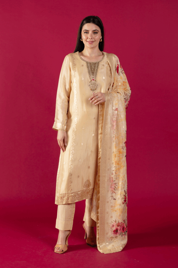 Mahboob luxe collection 3 piece banarsi suit - Beige, 46