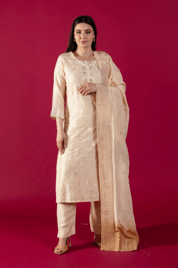 Aafreen luxe collection 3 piece embroidered suit - Beige, 42