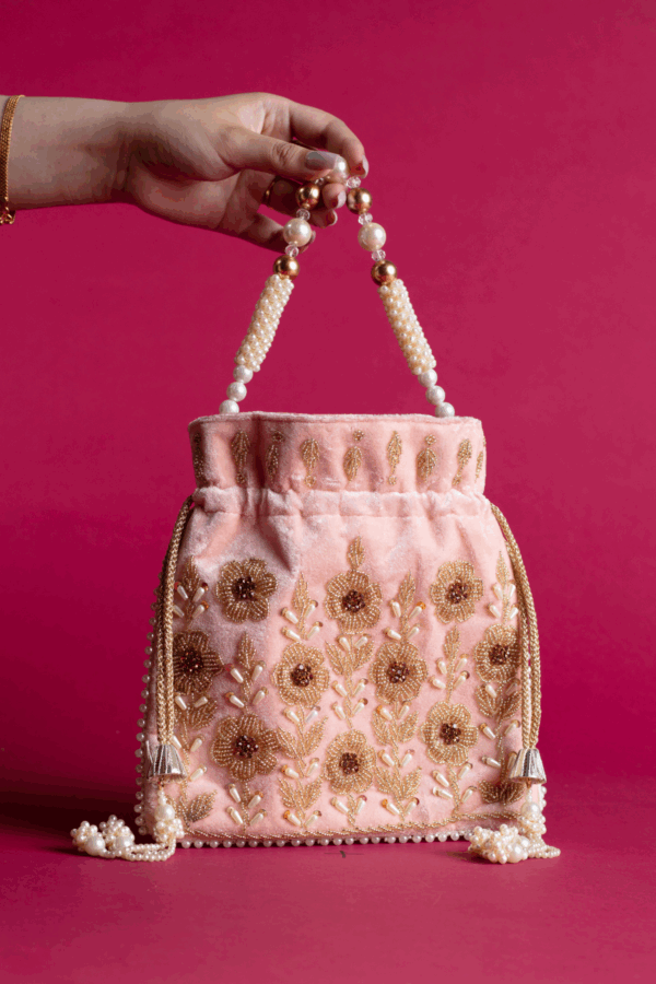 Shiffonz refined velvet pearl potli bag - Peach, FS