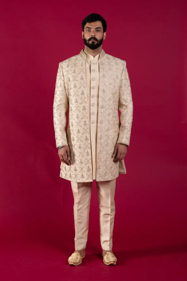 Men's jacket style embroidered sherwani - Gold, 42
