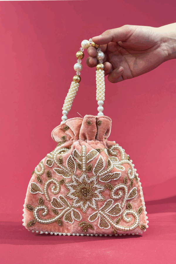 Shiffonz velvet embroidered potli bag - Peach, FS