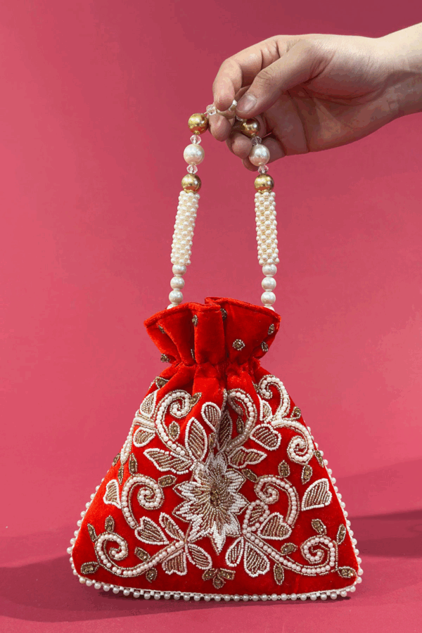 Shiffonz velvet embroidered potli bag - Red, FS