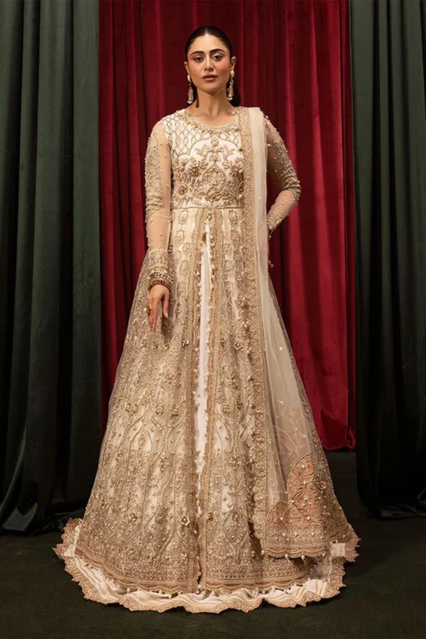 Imrozia 3 piece luxury embroidered long gown - Cream, X - Large