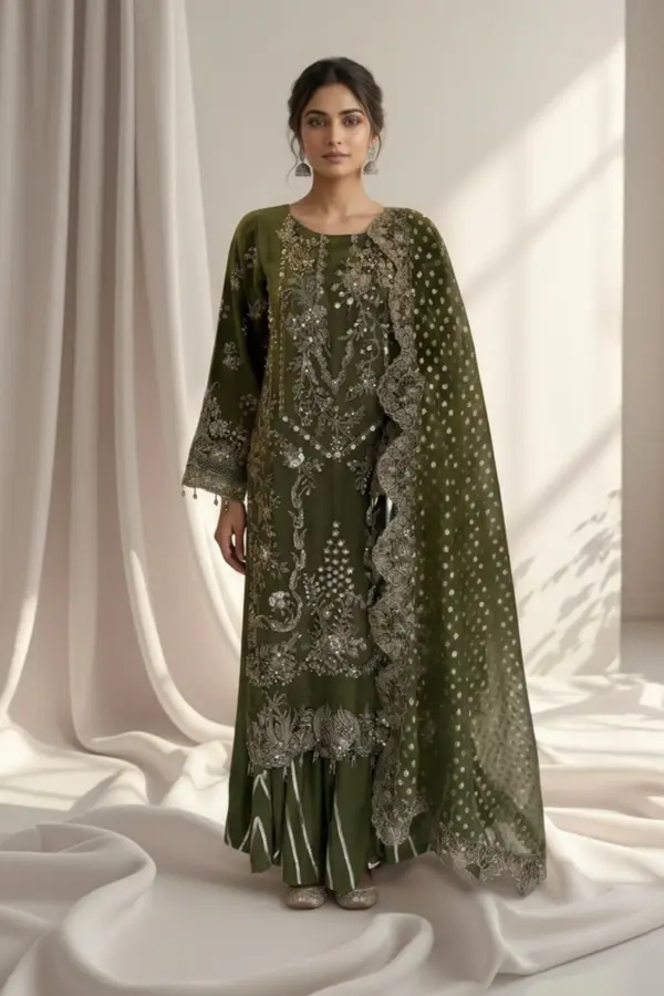 Raha 3 piece luxury embroidered plazo suit - MEHNDI, X - Large