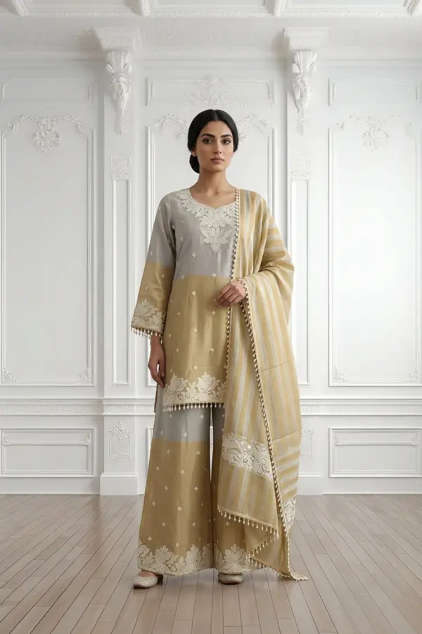 Shiffonz 3 piece pearl embroidered sharara suit - Grey, 40