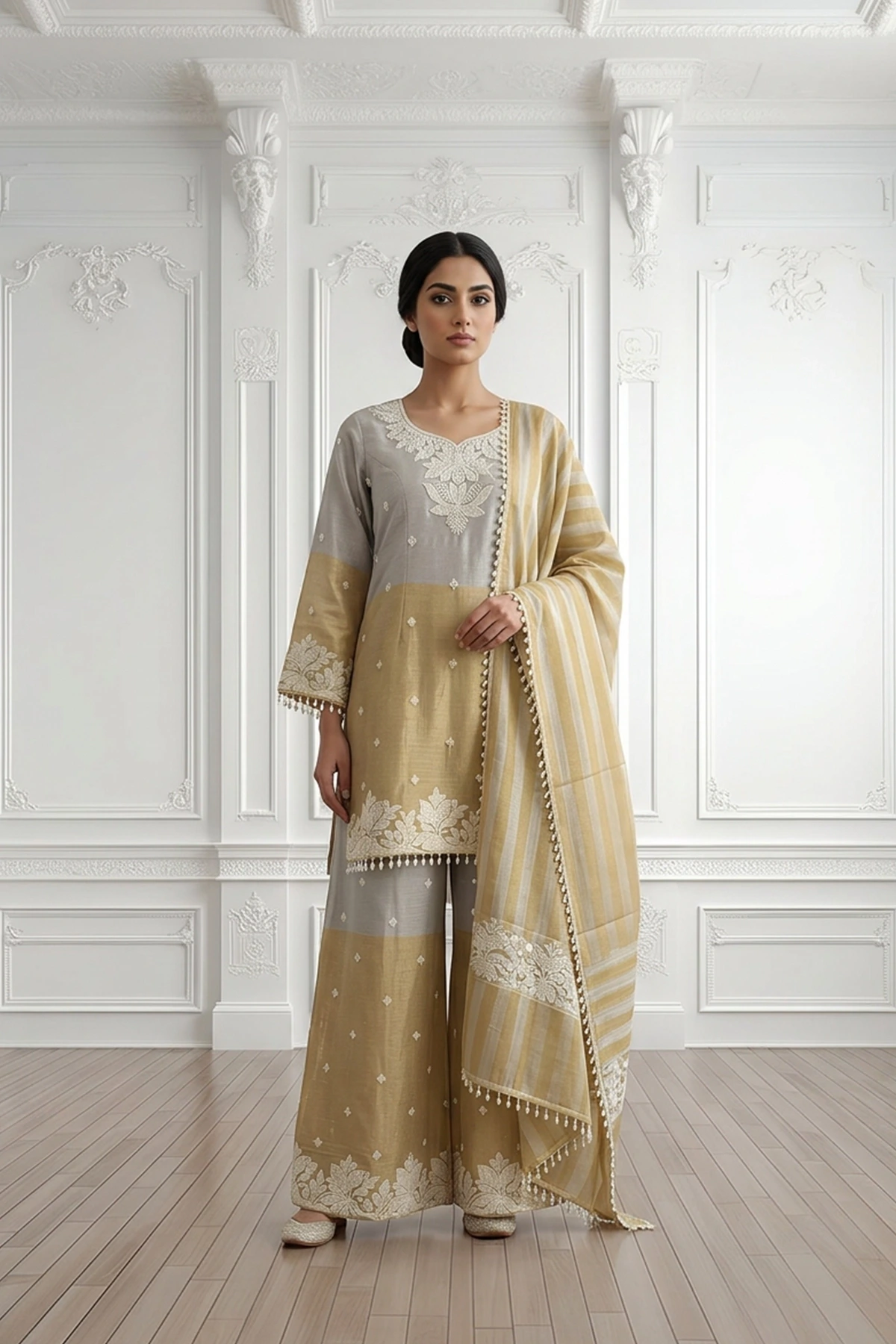 Shiffonz 3 piece pearl embroidered sharara suit