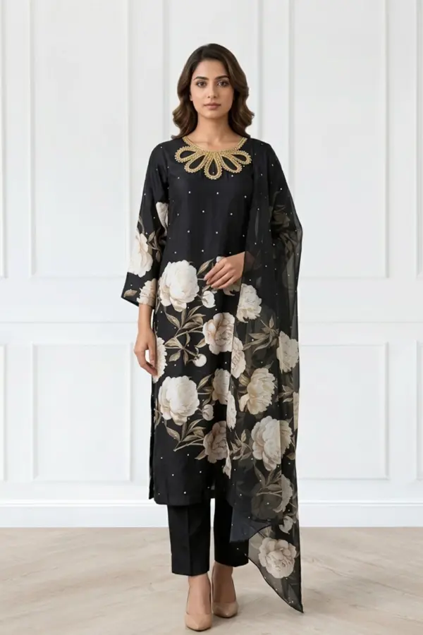 Afiya handwork collection 3 piece printed suit - Black, X - Large
