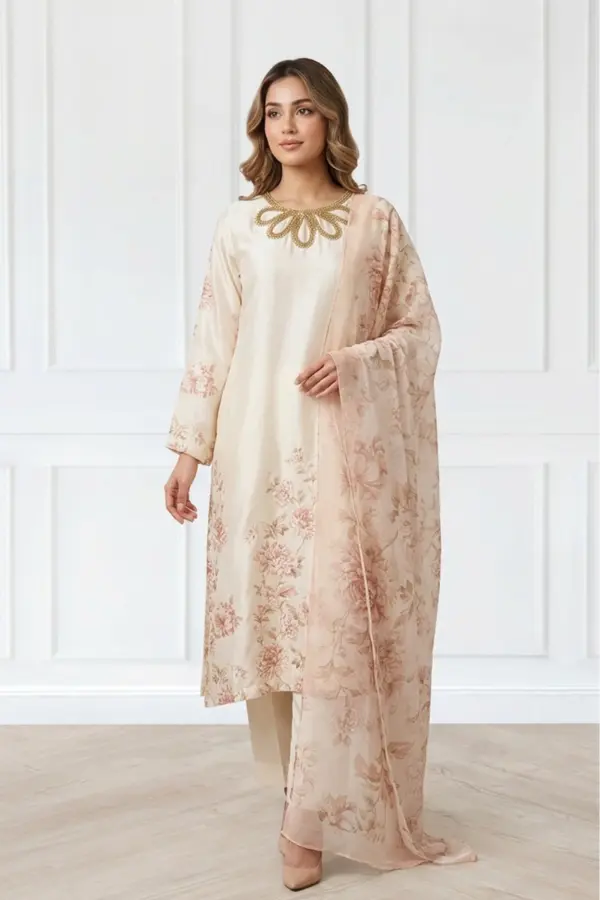 Afiya handwork collection 3 piece printed suit - Cream, X - Large