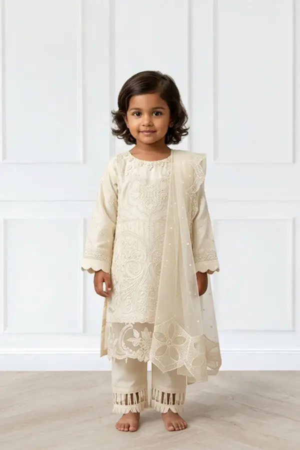 Ivana Eid kids edit 3 piece luxury embroidered collection - Cream, 26