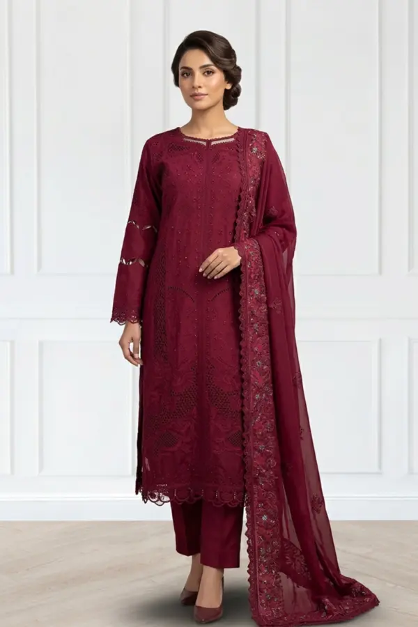 Shiffonz premium collection 3 piece lawn embroidered suit - MAGENT, X - Large