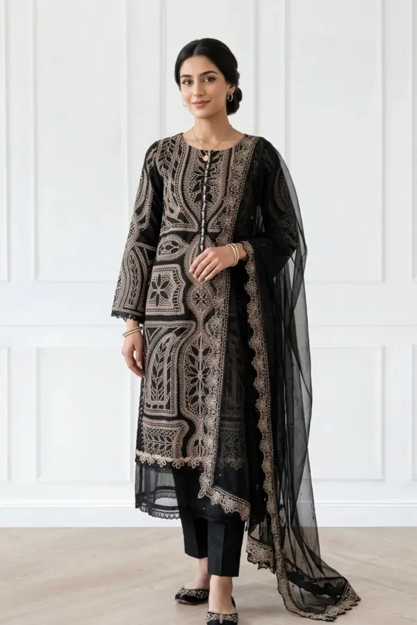 Shiffonz luxe collection 3 piece embroidered suit - Black, X - Large