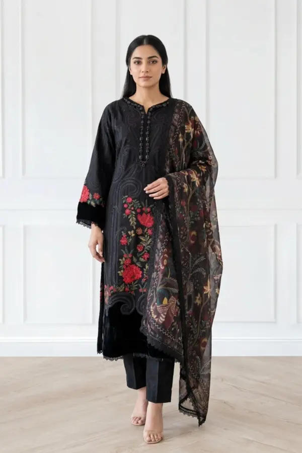 Shiffonz luxury collection 3 piece embroidered suit - Black, X - Large