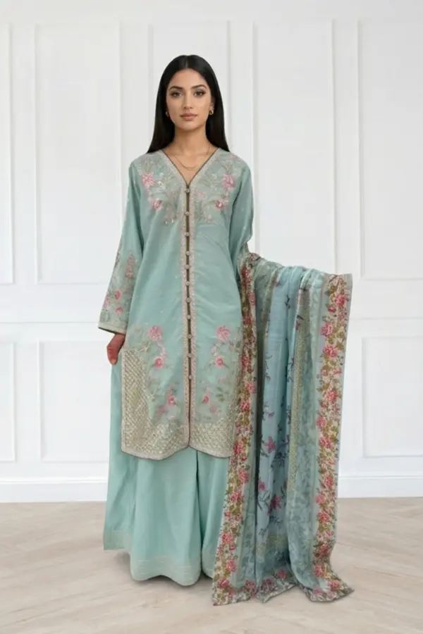 Shiffonz luxe collection 3 piece sharara suit - SGREEN, Large