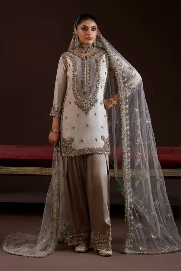 Khudabaksh livya 3 piece embroidered shalwar suit - Cream, X - Large