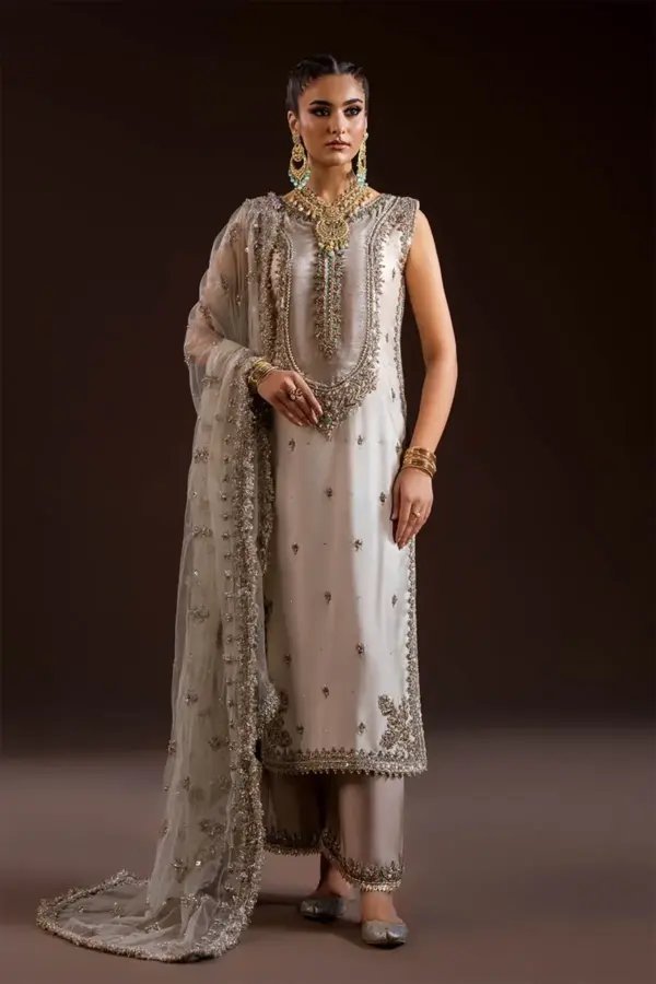 Khudabaksh livya 3 piece luxe embroidered suit - Cream, Medium