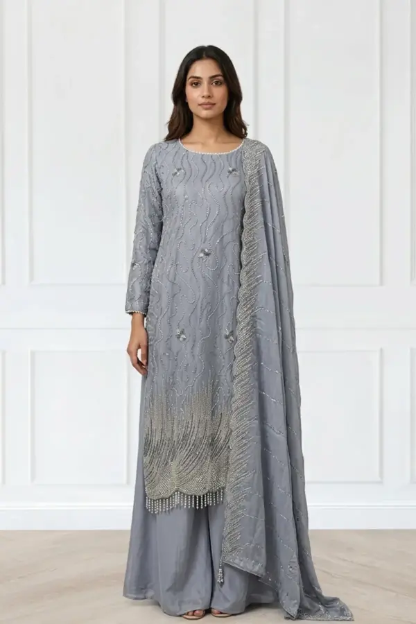 Maya luxe collection embroidered 3 piece plazo suit - Grey, X - Large