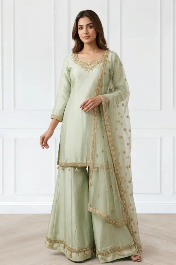 Shiffonz 3 piece handwork lux embroidered sharara suit - Mint, 38