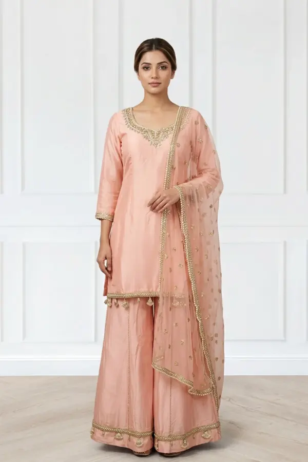 Shiffonz 3 piece handwork lux embroidered sharara suit - Pink, 42