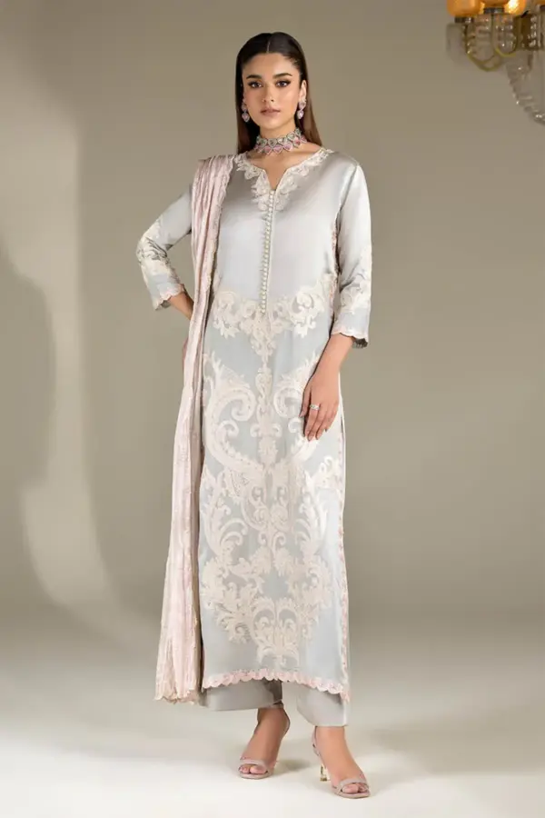 Khudabaksh 3 pece silk embroidered luxe suit