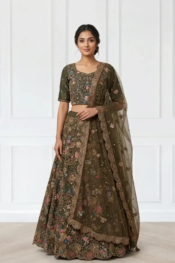 Shiffonz net embroidered luxe lengha choli - MEHNDI, 38