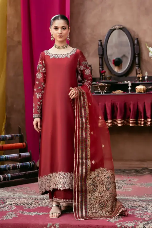 Rangoli luxe collection 3 piece embroidered suit - Maroon, X - Large