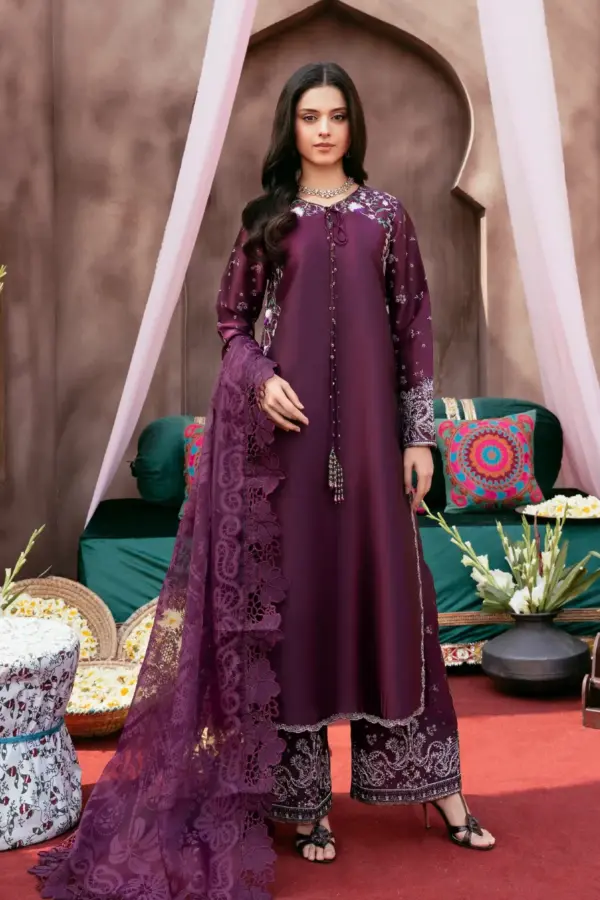 Rangoli sheesha silk lux embroidered collection - Plum, X - Large